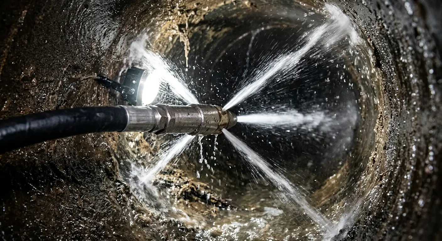 High-pressure hydro jetting nozzle cleaning sewer pipe for Emergency Drain Service in Odenville