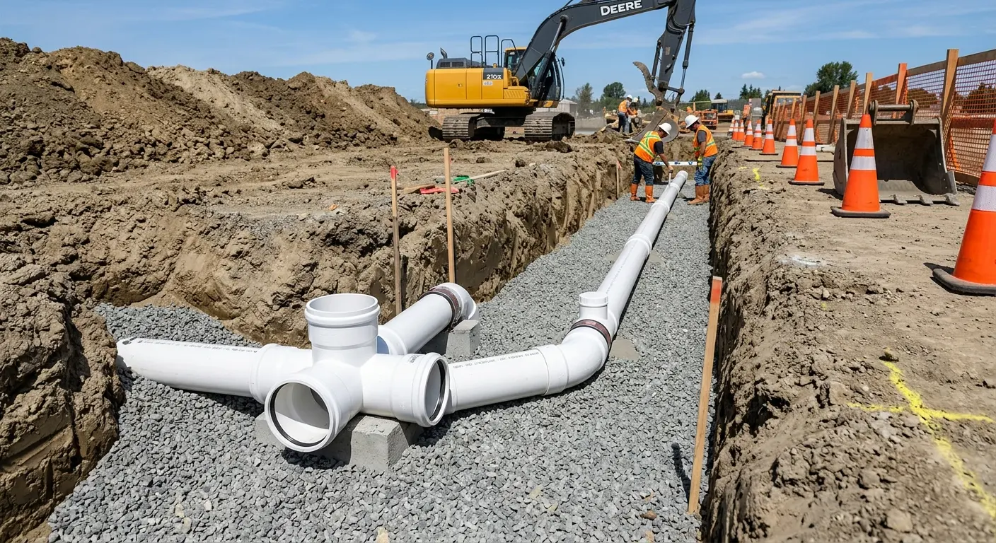 New PVC sewer pipe installation in open trench for Grease Trap Cleaning in Odenville