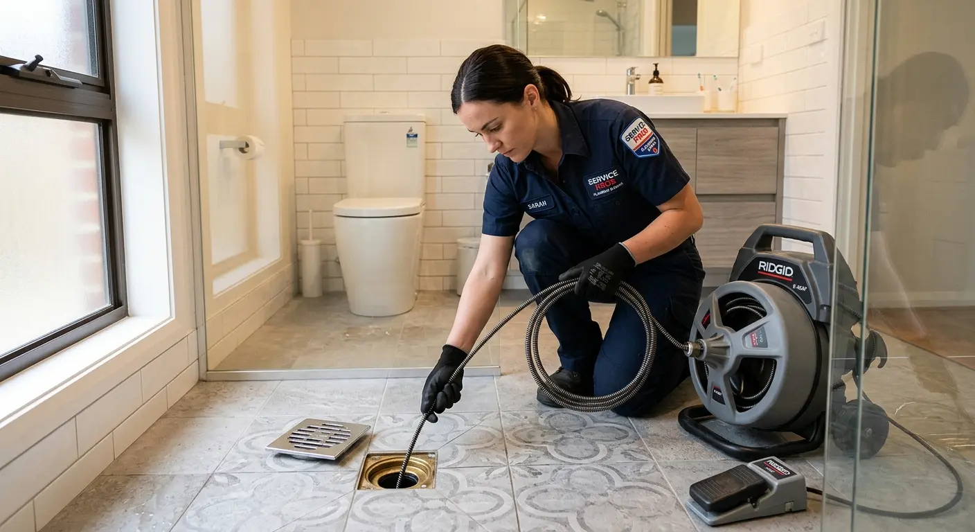 Technician clearing a bathroom floor drain for Drain Cleaning in Odenville